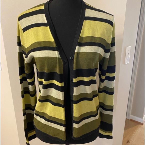 august silk Sweaters - August Silk knits sz M green/black striped long sleeve Button front cardigan